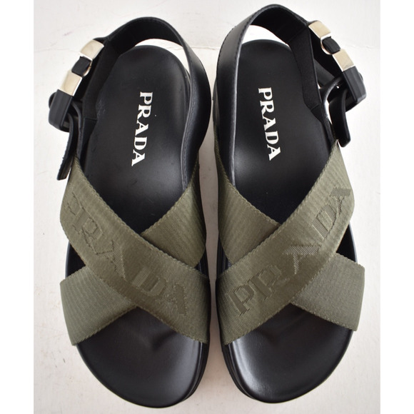 Prada Montana Nastro Criss Cross Strap Buckle Green Black Logo Flat Sandal 35.5 - Picture 10 of 16